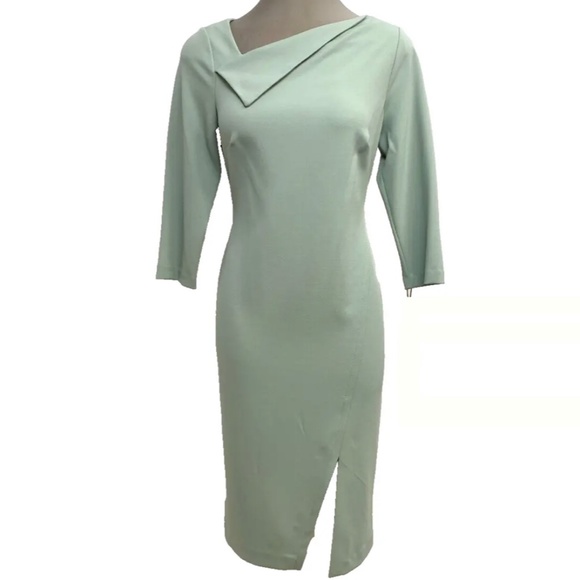Calvin Klein Mint Fold over Asymmetric V Neck Sheath Midi Dress - Picture 4 of 5